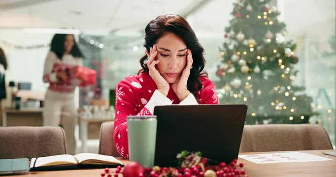 Christmas, employee and woman with headache, stress and data analyst with info for financial crisis. Holiday, graphs and mature person with migraine for deadline, laptop and anxious for stats on web - Powered by Adobe