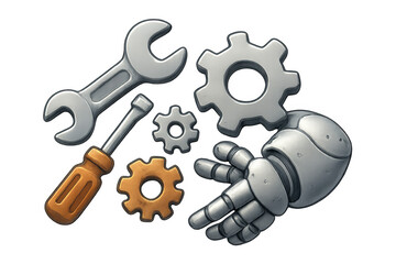 Robotic hand assembly with tools illustration in simple style for technology design