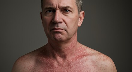 Obraz premium Close-up portrait of a man with a serious expression, showcasing skin irritation and redness across his chest and neck.