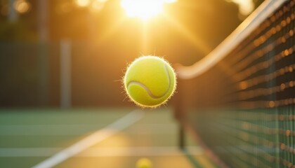 Tennis ball suspended mid-air above court net during sunset, with warm glow and shallow depth of field. A dynamic sports moment ideal for fitness, competition, and motivational visuals.