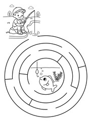 Maze activity sheet for children. Cute maze for kids. Kids labyrinth puzzle. Maze puzzle game for children with cute illustration of boy fishing.	