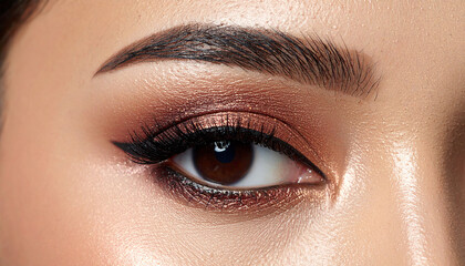 Fototapeta premium Models eye with shimmering metallic shadow and winged eyeliner. Beauty detail shot.