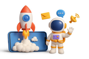 Rocket phone launch with astronaut in 3d illustration for technology concepts