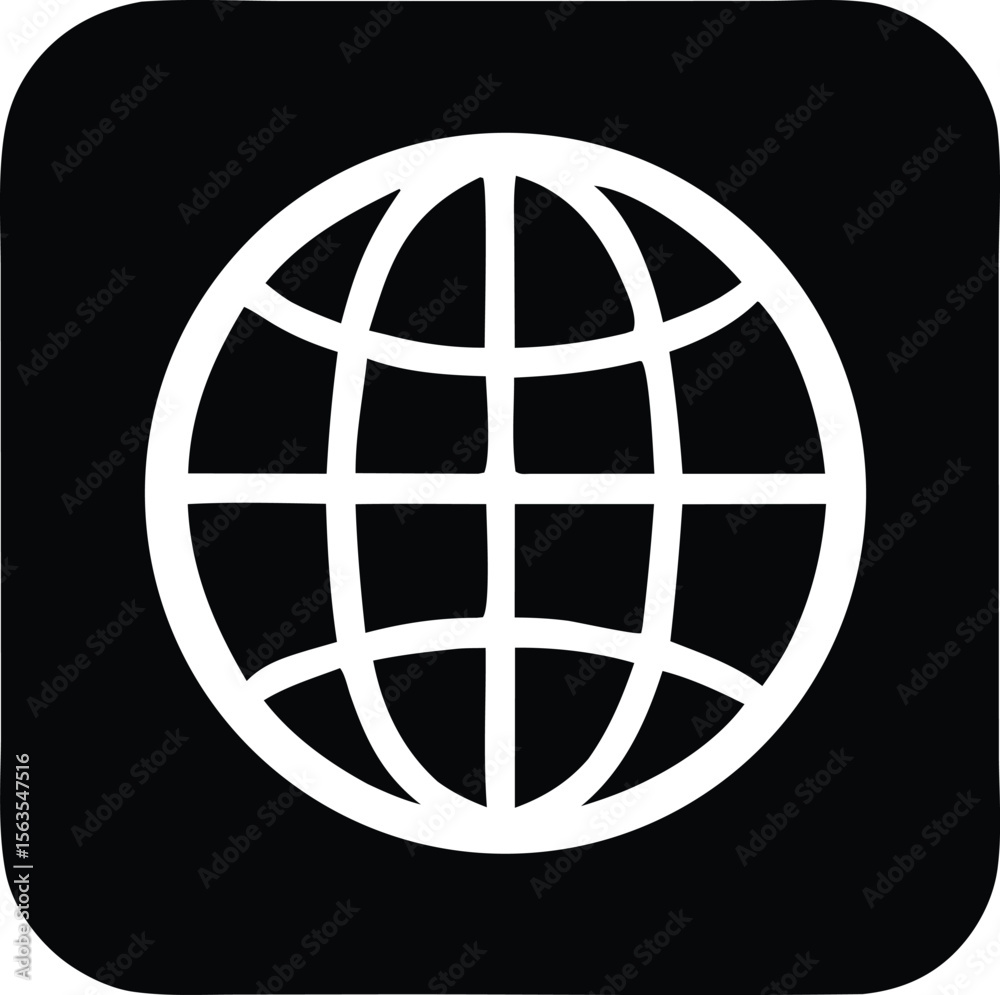 Poster a minimalist white globe icon with a grid pattern is displayed on a solid black background with roun