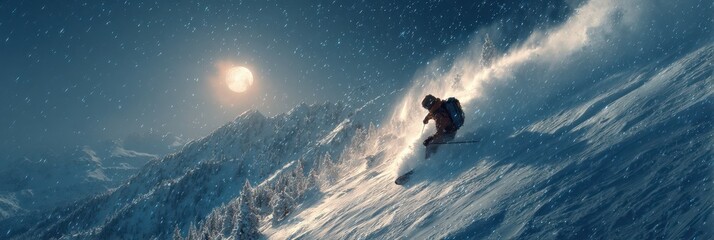 Expert skier carves through fresh powder under a bright moonlit sky in a winter mountain landscape