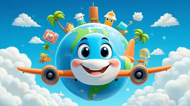 Animated Globe Airplane Flying Through Clouds: Travel Adventure.