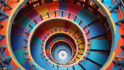 Abstract circular interior design of multicolored spiral stairwell in urban building.