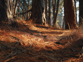 Fototapeta premium Pine Forest with Fallen Needles and Patchy Sunlight Filtering Through Branches