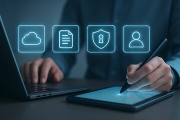 Person using laptop and tablet with glowing digital icons for cloud storage document security and user profile
