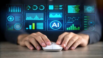 Hands using a computer mouse interacting with a futuristic holographic interface displaying ai and data analytics charts