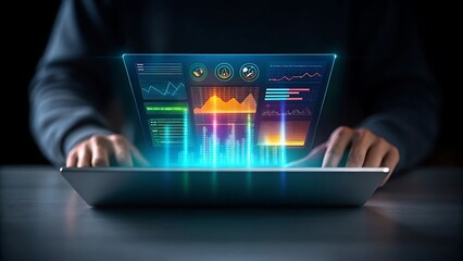 Person interacting with a futuristic holographic digital interface displaying financial charts and data visualizations