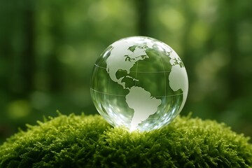 Transparent glass globe with continents etched on its surface rests on a vibrant green mossy mound in a lush forest