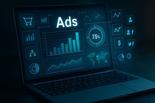 Digital advertising analytics dashboard on a laptop screen showing growth charts and social media icons