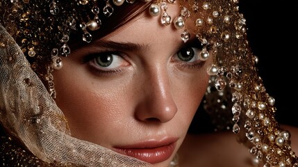 Close-up of a woman with striking blue eyes surrounded by pearl and gold jewelry, emphasizing elegance and luxury