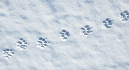 Seven animal paw prints diagonally across fresh white snow showing detailed paw pads and claws