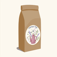 Cartoon vector illustration mockup of a herbal tea pack