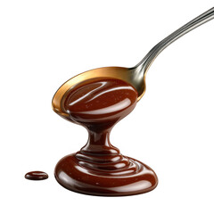 Rich liquid chocolate pouring from a spoon isolated on transparent background