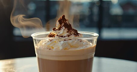 A close-up of a takeaway coffee drink with whipped cream and cocoa powder - Powered by Adobe