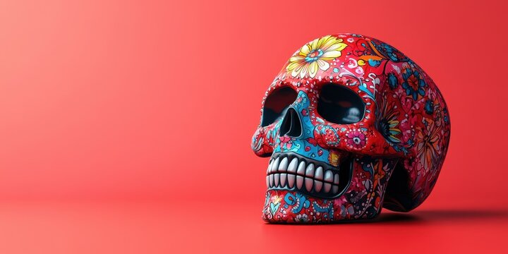 Colorful decorated skull displaying intricate floral patterns against a vibrant red background