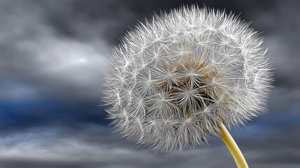 Obraz premium A close-up of a dandelion seed head against a cloudy sky background