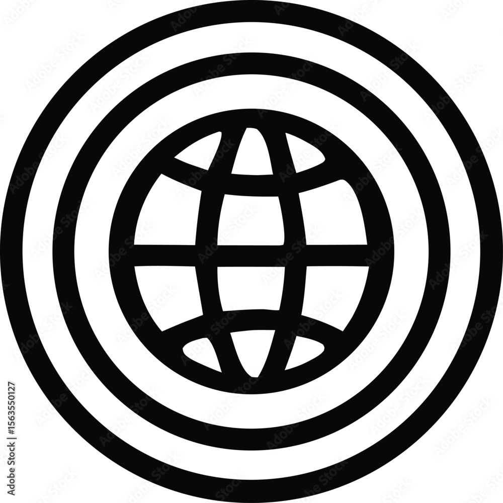 Poster abstract black and white globe icon with concentric circles representing global connectivity and com