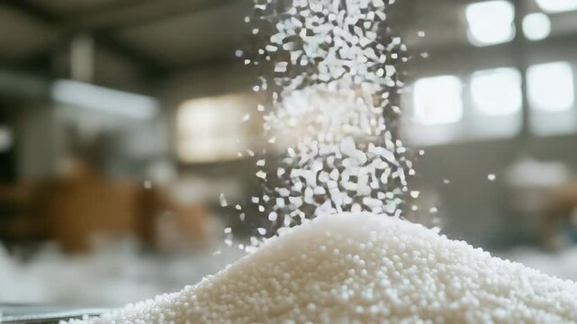 Urea fertilizer granules falling on pile in agricultural chemical production facility