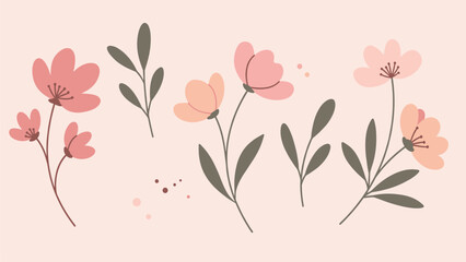 Delicate Pink Floral Elements: Minimalist Botanical Illustrations