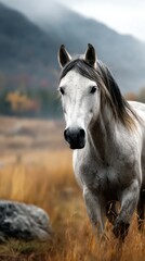 Majestic white horse walking through golden grass in a serene landscape during autumn afternoon