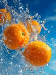 Oranges Splashing in Water Against a Blue Background