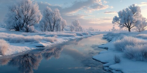 Frozen river reflects frosty trees and soft clouds in winter landscape at dusk