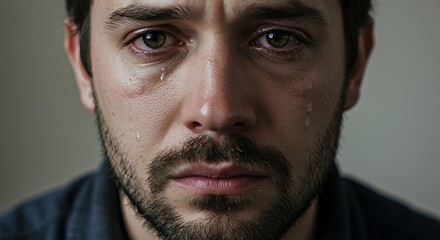 Obraz premium A man weeps silently, his face etched with sorrow and despair, tears streaming down his cheeks.
