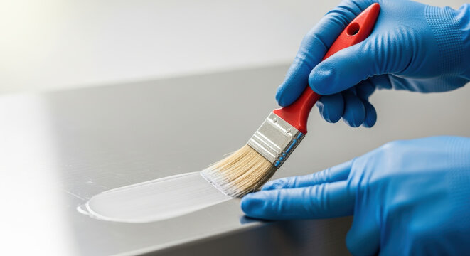 gloved hands applying white protective coating on metal surface with paintbrush closeup, industrial maintenance and surface preparation for corrosion prevention