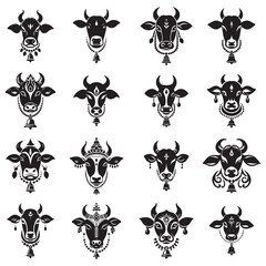 Collection of silhouette cow’s face with small horns and bell, sacred animal of Krishna, black on white background