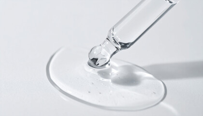 Transparent serum dropper releasing product. Beauty and skincare. Cosmetic product.