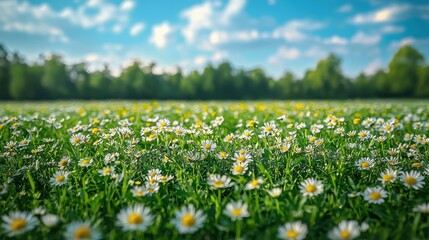 Fototapeta premium White Daisies Blooming Profusely in a Green Meadow Under a Blue Sky With Scattered Clouds