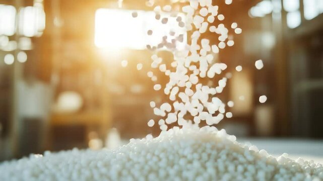 White plastic granules falling in slow motion in a bright factory: industrial polymer production