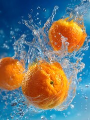 Oranges Splashing in Water Against a Blue Background