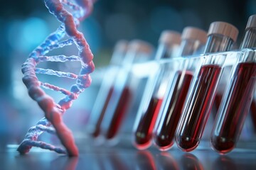 Blood samples in test tubes with DNA strand represent genetic research and medical diagnostic for healthcare.