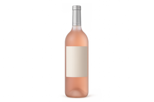 Rosé wine bottle with a blank label, standing upright on a transparent background, showcasing its elegant design and soft pink hue