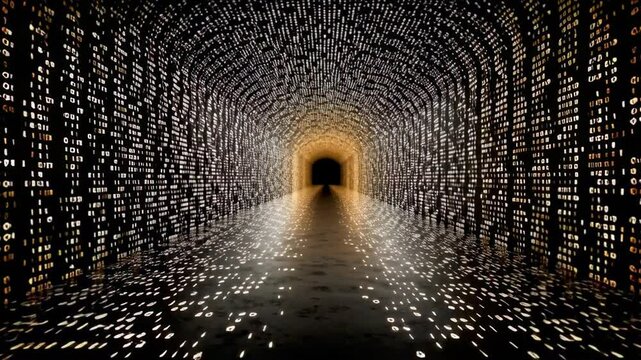Stunning 3D Visualization of a Digital Tunnel Constructed from Binary Code with Reflective Surface and Glowing Lights