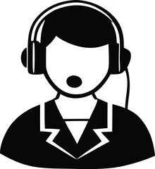 Stylized black and white icon of a person wearing headphones and a microphone representing customer service or communication