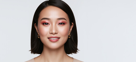 Smiling asian woman with pink eyeshadow makeup and a short bob haircut. Modern beauty and creative makeup look. For cosmetics advertising with copy space