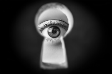 Human eye peers through a keyhole in a striking monochromatic close up creating a sense of mystery