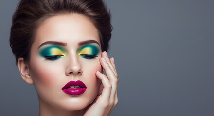 Fototapeta premium Woman with colorful eye makeup with closed eyes on a grey background. Creative makeup artist services. For beauty salon and cosmetics advertising. Banner with copy space