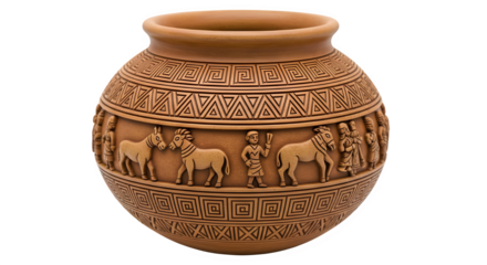 Decorative ancient pottery vase with relief carvings of people and animals for home decor and art collectors