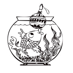 Fish in an aquarium with Christmas decorations. Black and white vector illustration for coloring