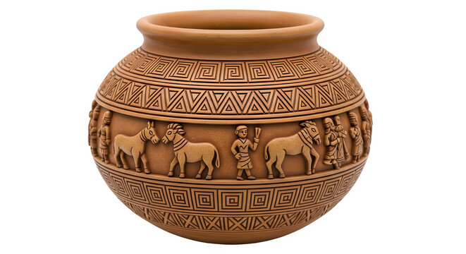 Decorative ancient pottery vase with relief carvings of people and animals for home decor and art collectors