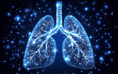 Glowing blue human lungs, intricate bronchial network, sparkling background.