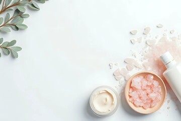 Skin cream, shampoo bottle, dry eucalyptus leaves and pink Himalayan salt. White table background. Styled beauty frame, web banner. Organic cosmetics, spa concept with copy space