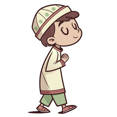 Obraz premium Cute child in prayerful pose, light-beige outfit, light-green pants, and a light-beige cap with green polka dots